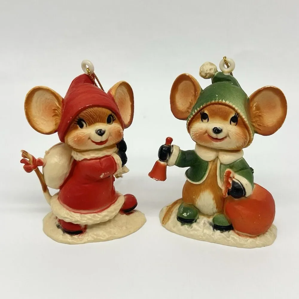 VTG 70s Hong Kong Plastic Christmas Ornament Children Mice Hummel Style Lot of 7
